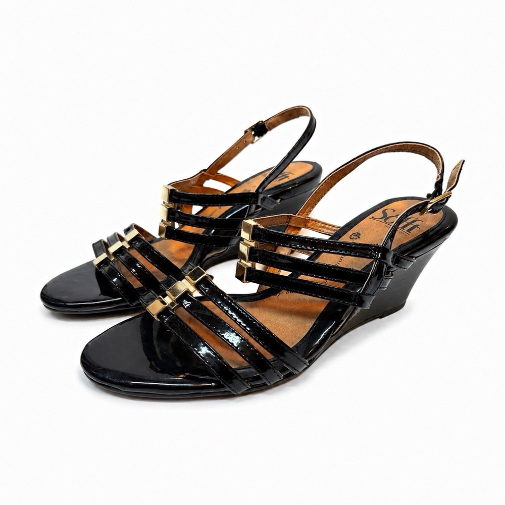 Sofft Women's Black Leather Strappy Wedge Slingback Sandals Buckle US 6.5M